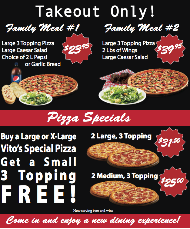 Specials Vito's Pizza 6134782616 Tweed, Ontario